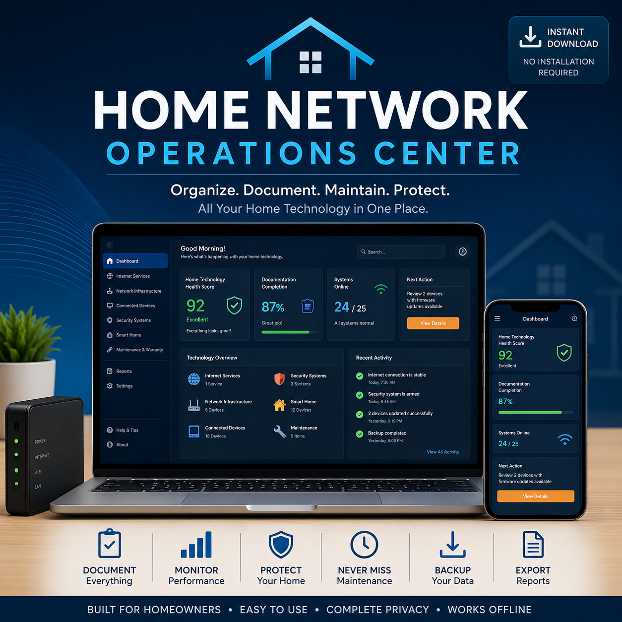 Home Network Operations Center offline application for organizing, documenting, maintaining, and protecting home technology information