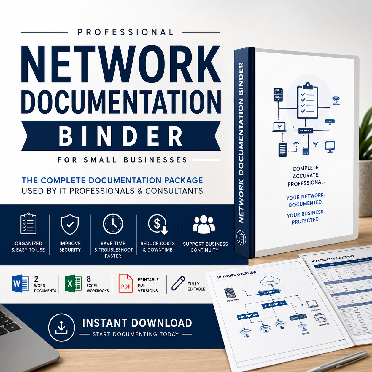 1. Professional network documentation binder mockup Small Business Network Documentation Binder with editable network inventory, IP management, switch, Wi-Fi, rack, UPS, and VLAN templates