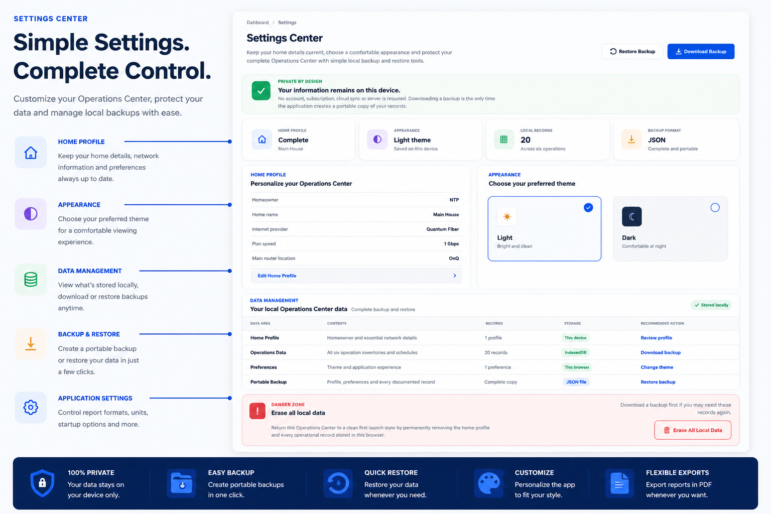 Home Network Operations Center settings with local storage, backup, restore, appearance, and data-management controls