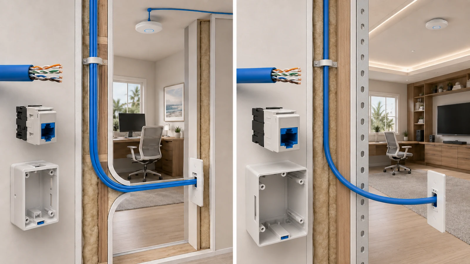Comparison of Cat6 and Cat6A cable, keystones, pathway space, and residential network uses