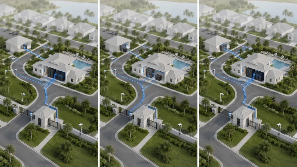 centralized-vs-distributed-hoa-network-models Three-part comparison of centralized, distributed, and hybrid HOA network models across the same gated community