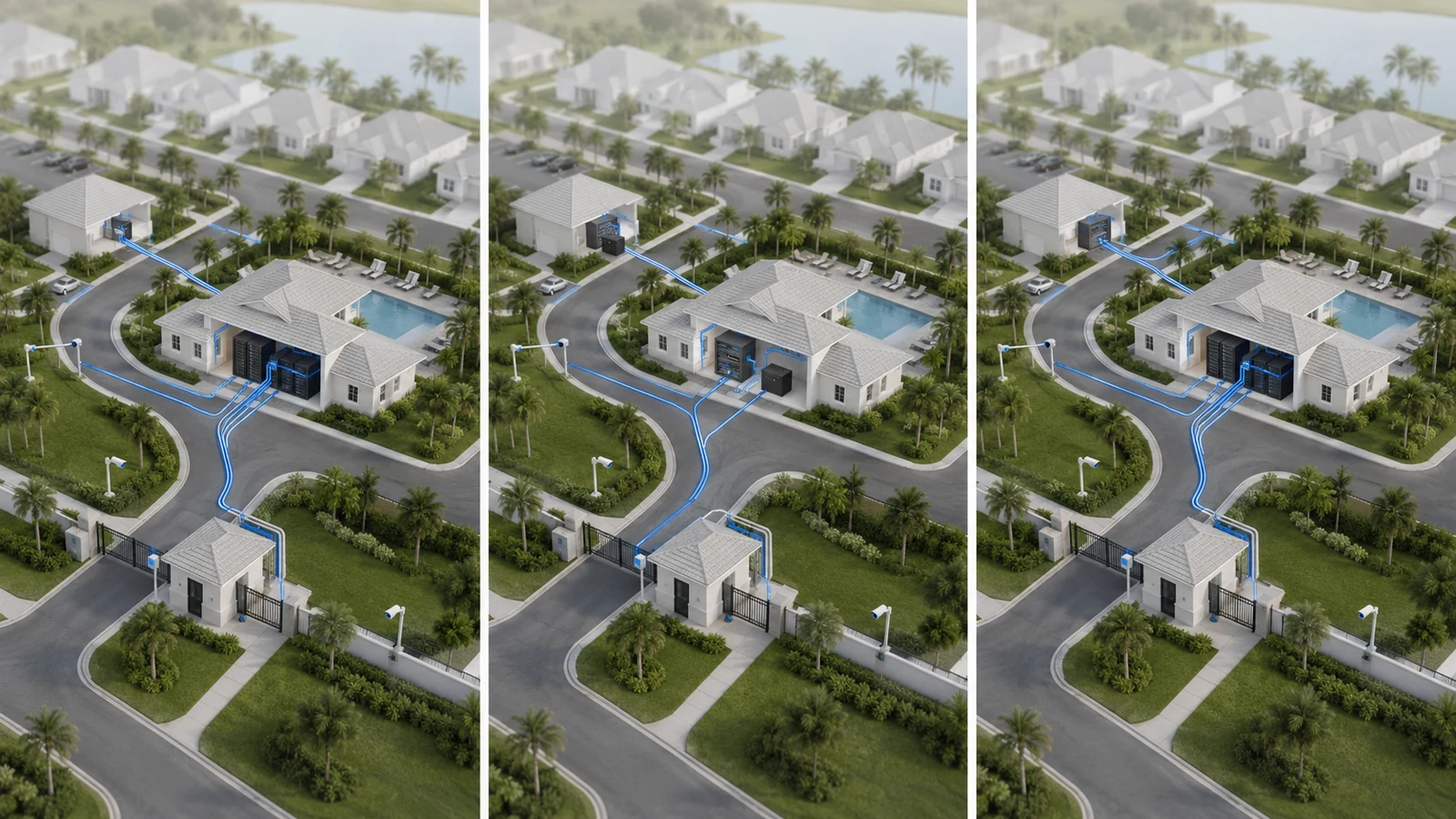 Three-part comparison of centralized, distributed, and hybrid HOA network models across the same gated community