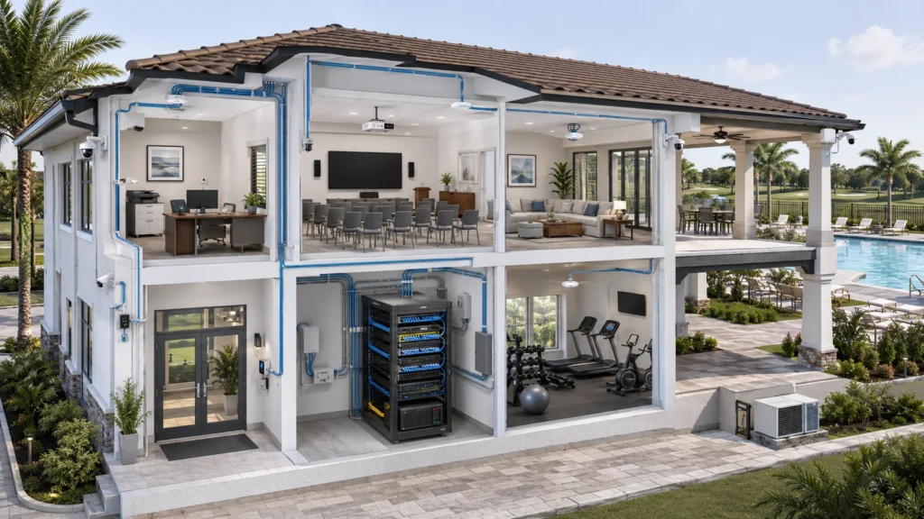 clubhouse-network-infrastructure-design Community clubhouse cutaway showing organized network infrastructure supporting offices, resident Wi-Fi, AV, fitness, security, and pool areas