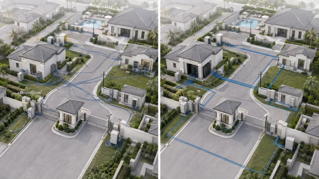 common-hoa-network-infrastructure-mistakes Split gated-community comparison showing fragmented network infrastructure and a corrected structured backbone