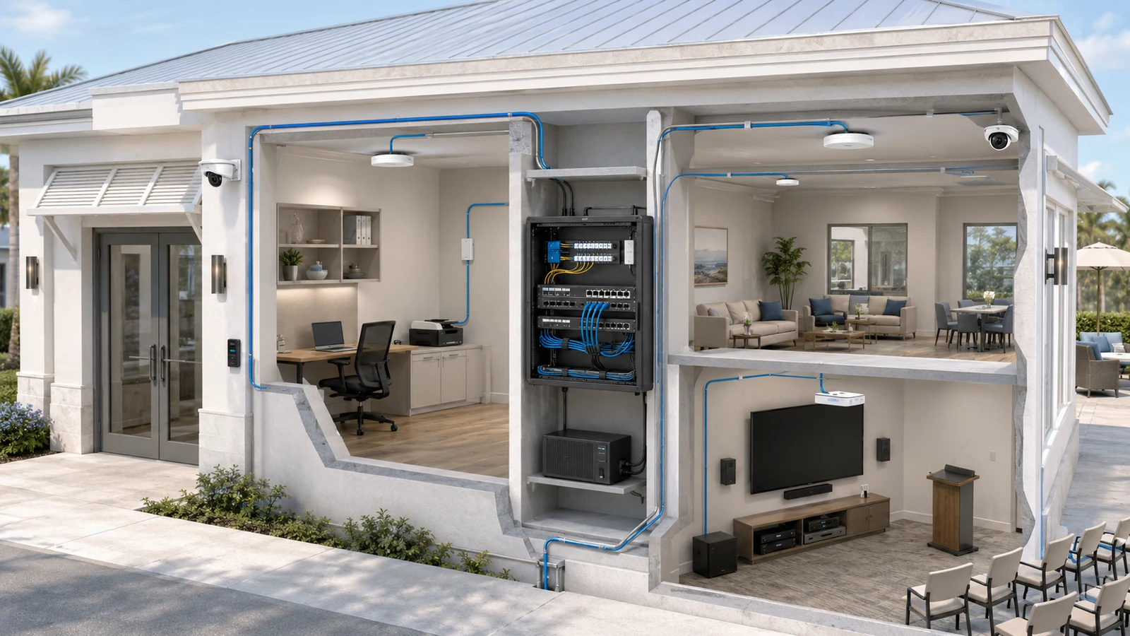 Community clubhouse network connecting staff, resident Wi-Fi, cameras, access control, AV, and building systems