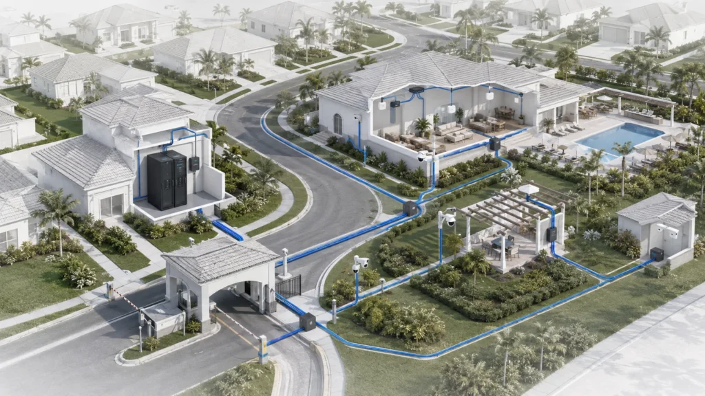 community-hoa-network-infrastructure-overview Bird’s-eye view of a gated community network connecting shared buildings, amenities, gates, cameras, and access points