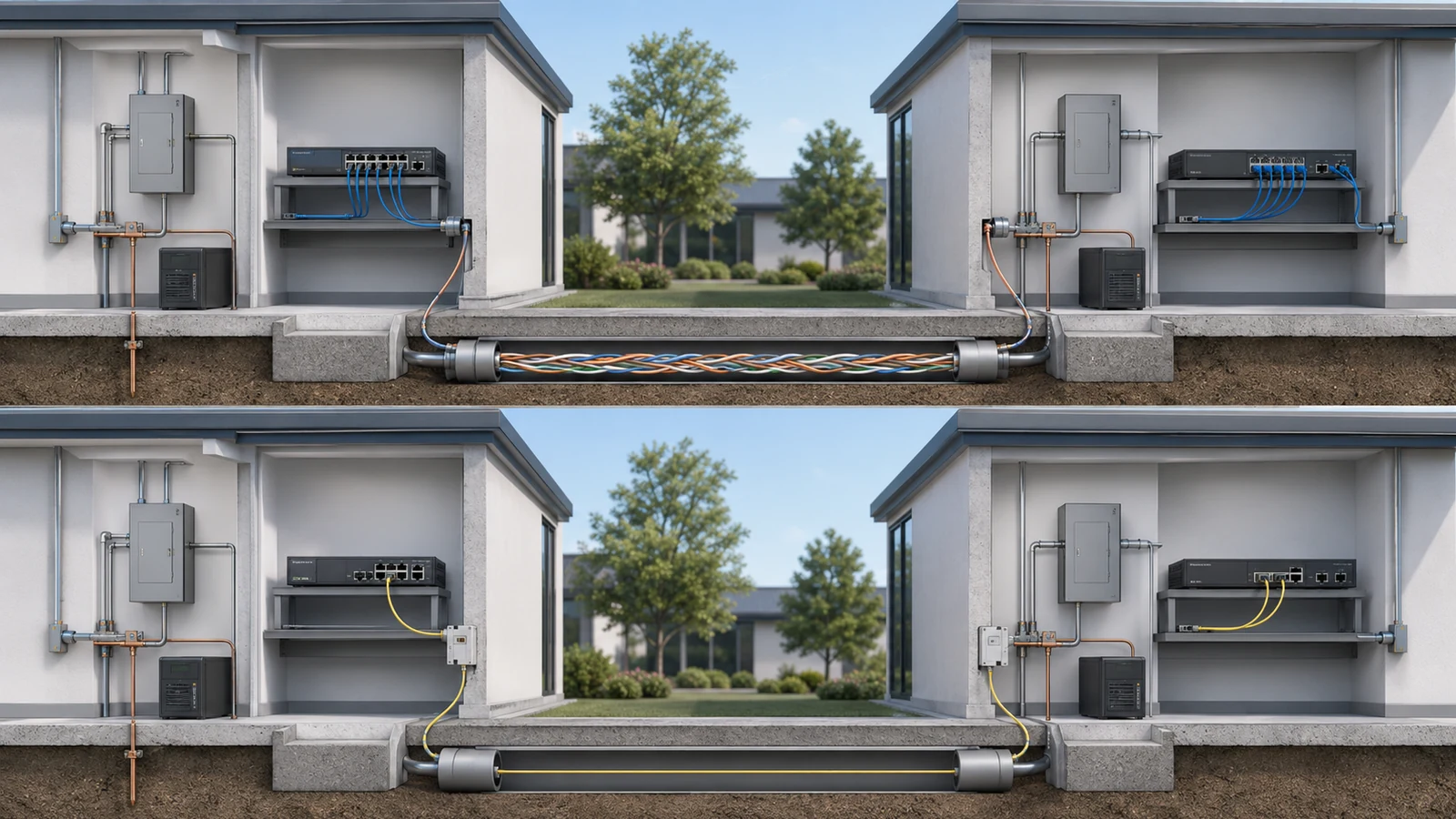 Electrical-path comparison between copper and fiber connections joining separate buildings