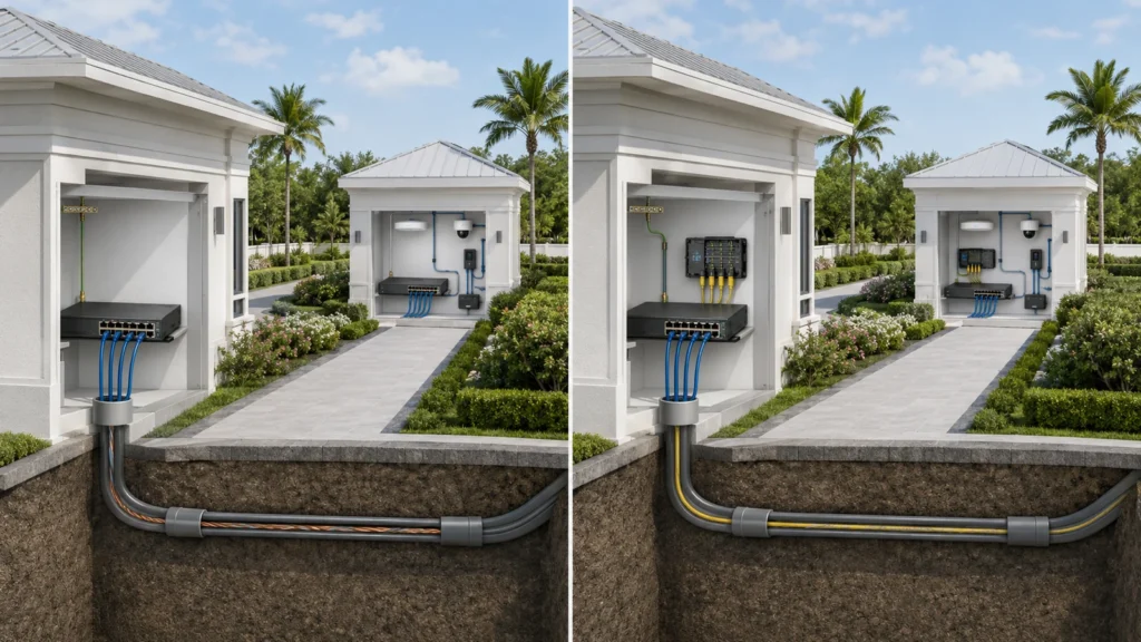 fiber-vs-copper-between-hoa-buildings Comparison of copper Ethernet and fiber-optic backbone connections between separate community buildings
