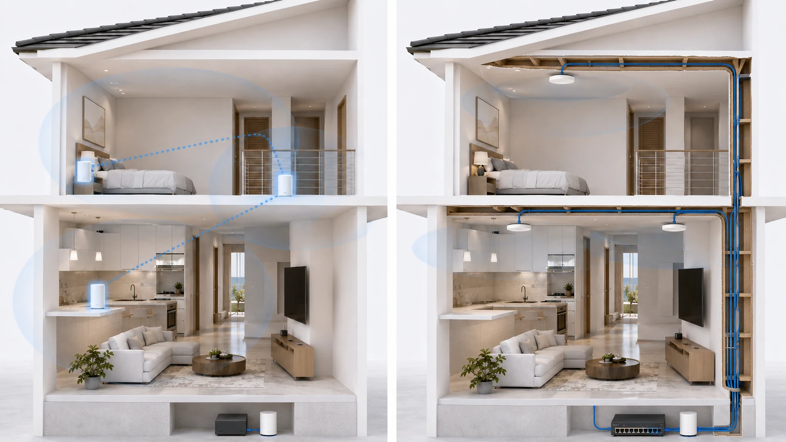 Finished home using wireless mesh compared with a prewired home using PoE access points