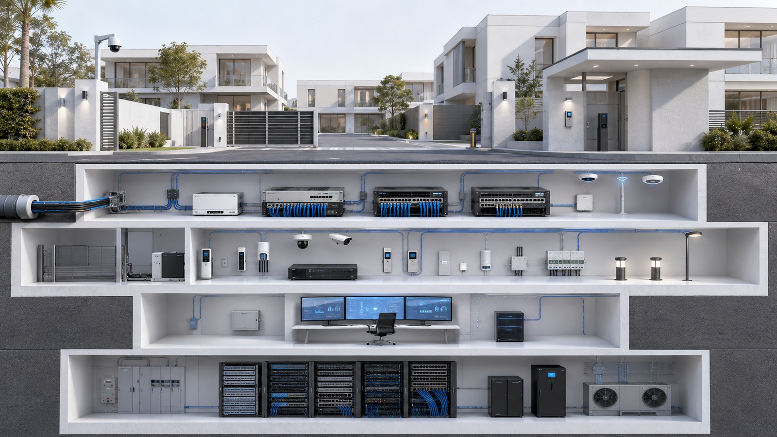 Five-layer smart property model covering physical infrastructure, connectivity, property systems, management, and operations.