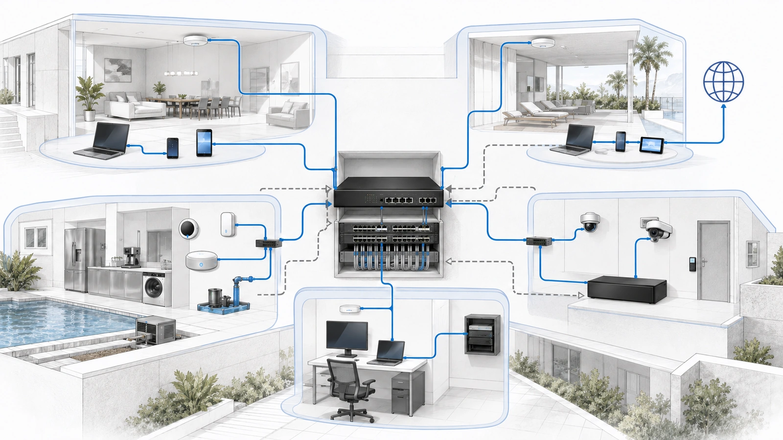 Central firewall controlling permitted communication among private, guest, operational, security, and management network zones