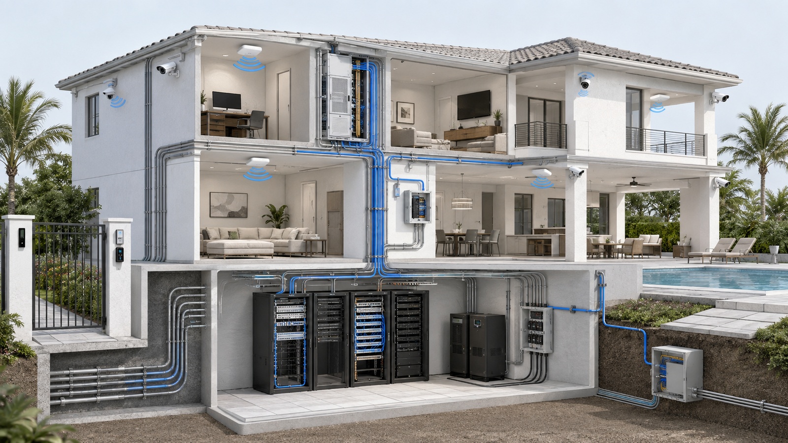 Future-ready residential technology infrastructure with adaptable cabling pathways, fiber backbone, expandable equipment space, protected power, and modular connected systems.