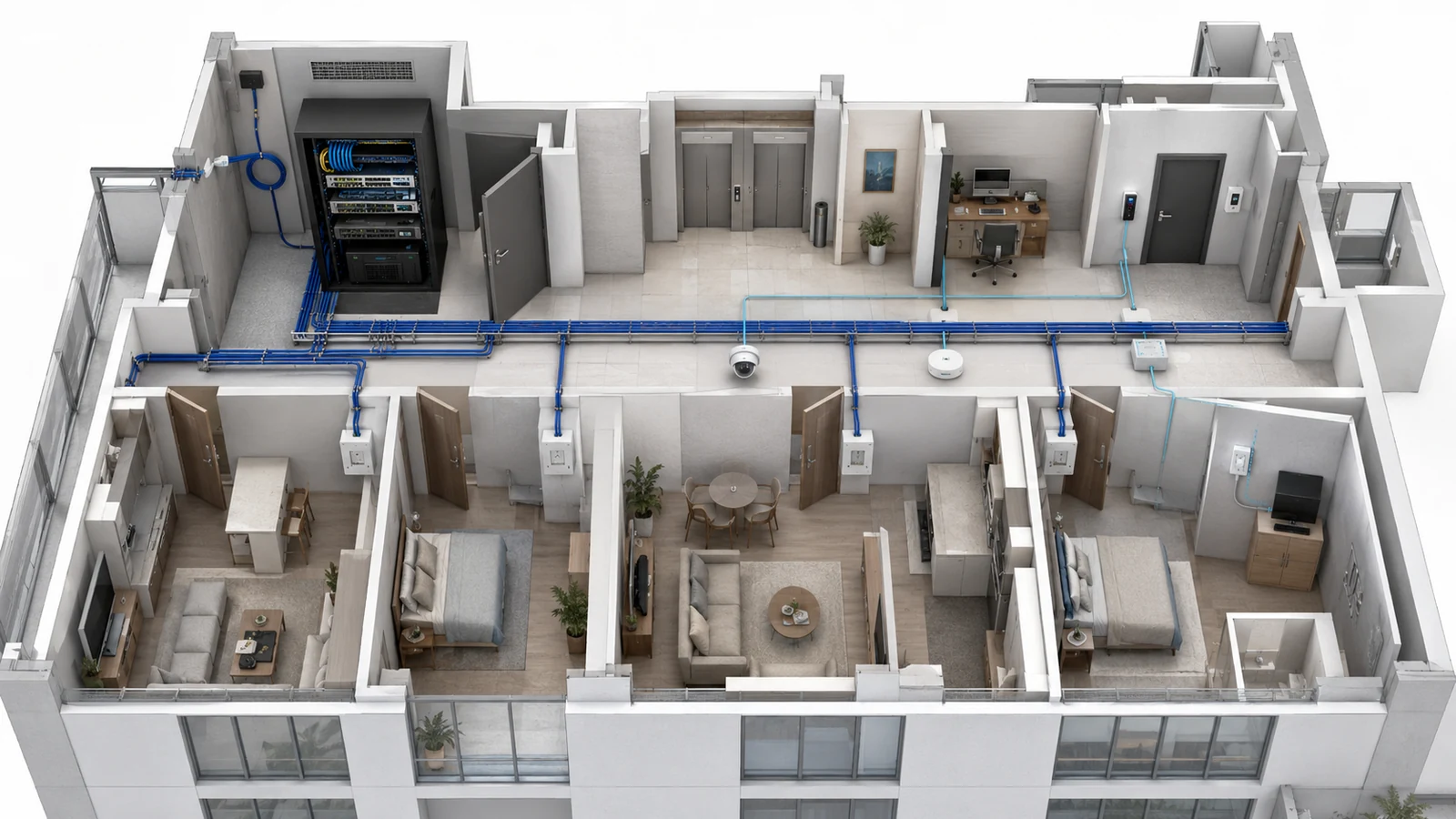 High-rise floor IDF distributing separate connections to units, Wi-Fi, cameras, access control, and building systems