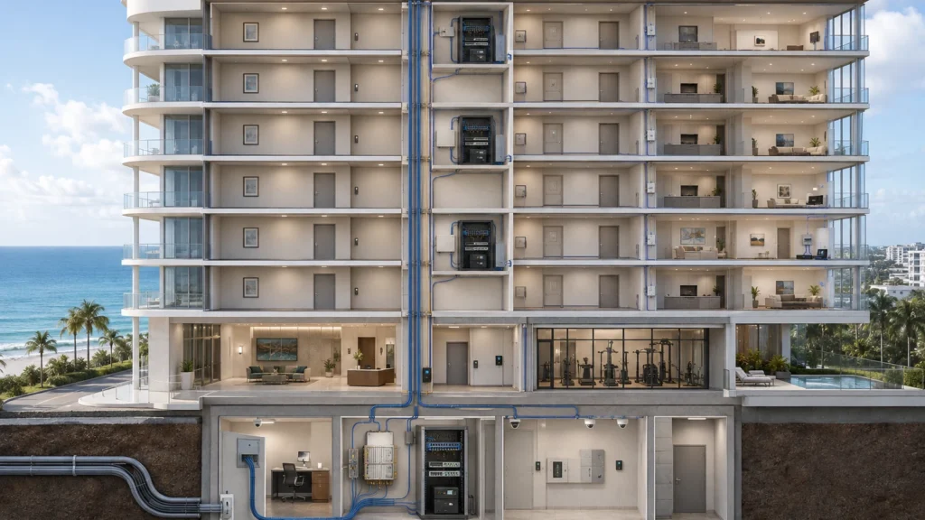 high-rise-network-infrastructure-overview High-rise residential tower cutaway showing carrier entry, MDF, fiber risers, floor IDFs, unit demarcations, and building-operated systems