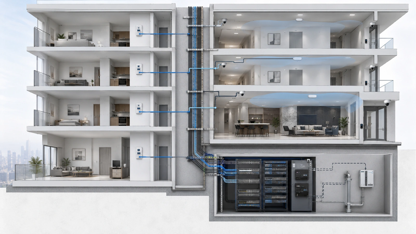 High-rise floor IDF distributing separate connections to units, Wi-Fi, cameras, access control, and building systems