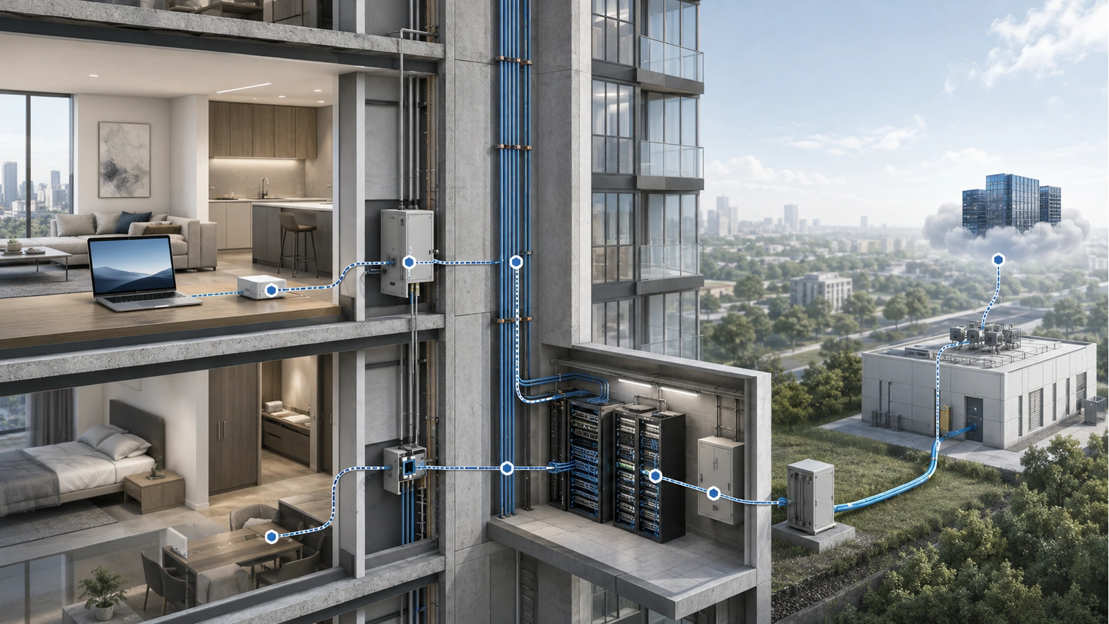 High-rise internet performance path from a resident device through Wi-Fi, building distribution, provider infrastructure, and a remote service