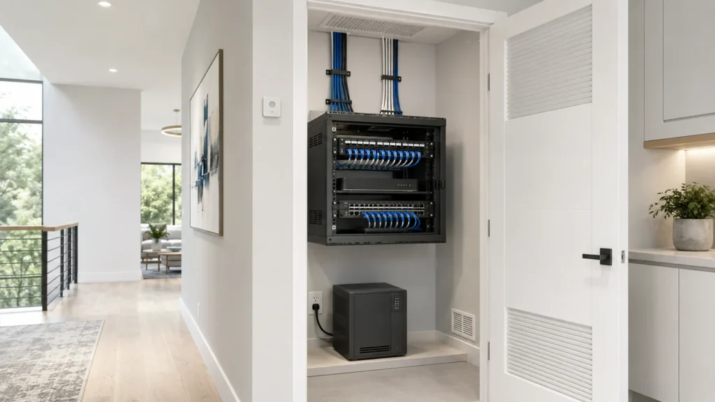 Organized residential network closet with a wall-mounted rack, patch panel, gateway, managed PoE switch, UPS, ventilation, and structured cabling