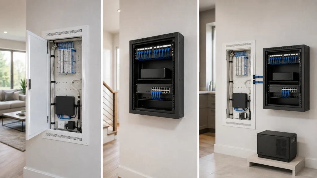 Residential comparison of a structured wiring panel, wall-mounted network rack, and hybrid panel-and-rack installation