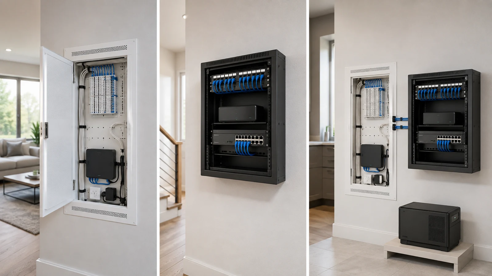 Residential comparison of a structured wiring panel, wall-mounted network rack, and hybrid panel-and-rack installation