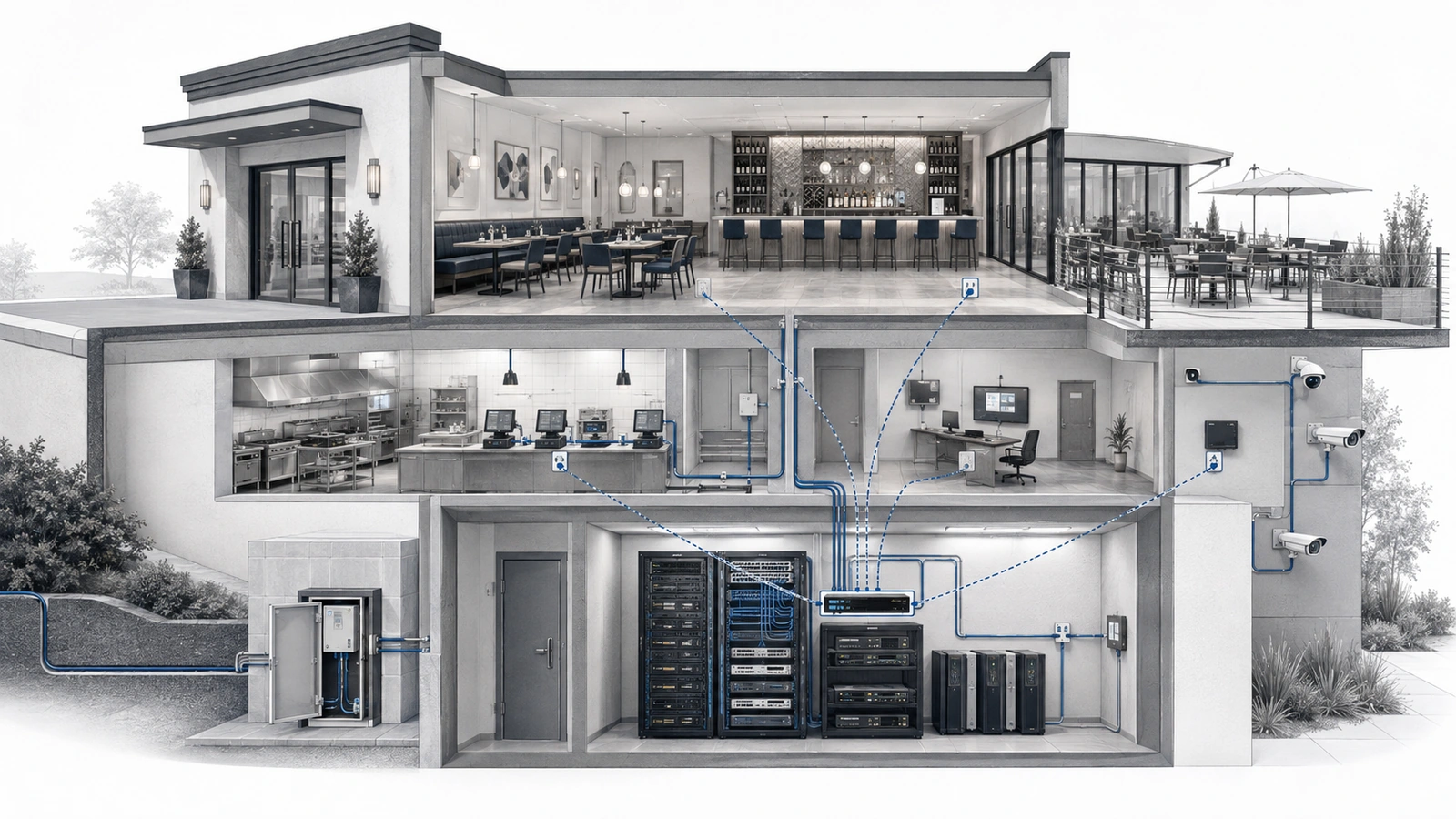 Hospitality technology responsibility boundaries across internet, network, POS, kitchen, entertainment, and security systems