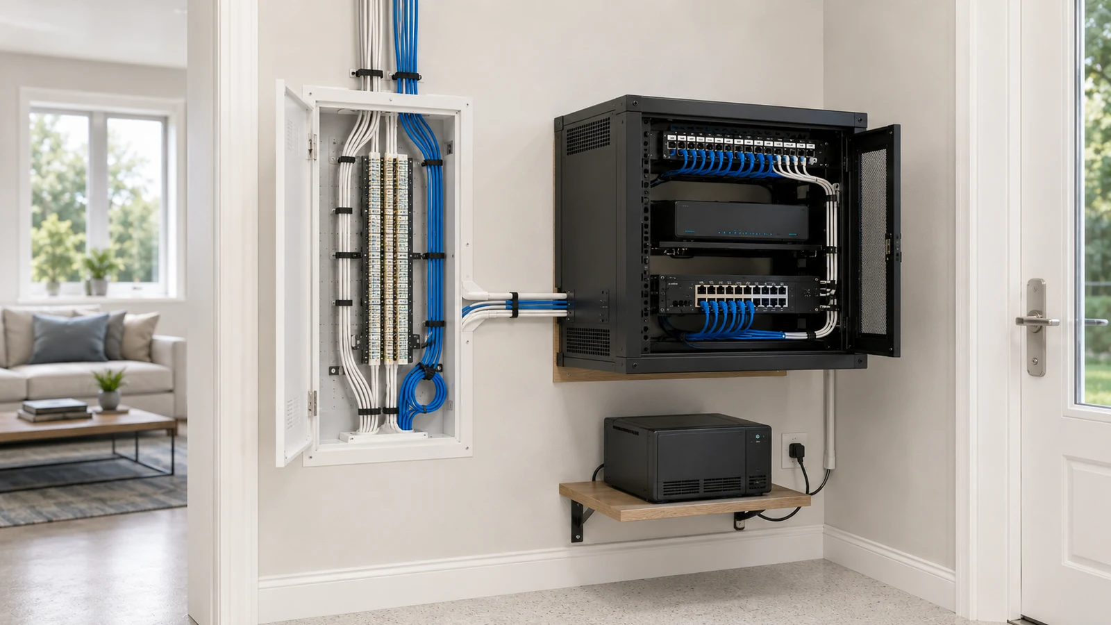 Hybrid home network design using a structured wiring panel beside a wall-mounted rack
