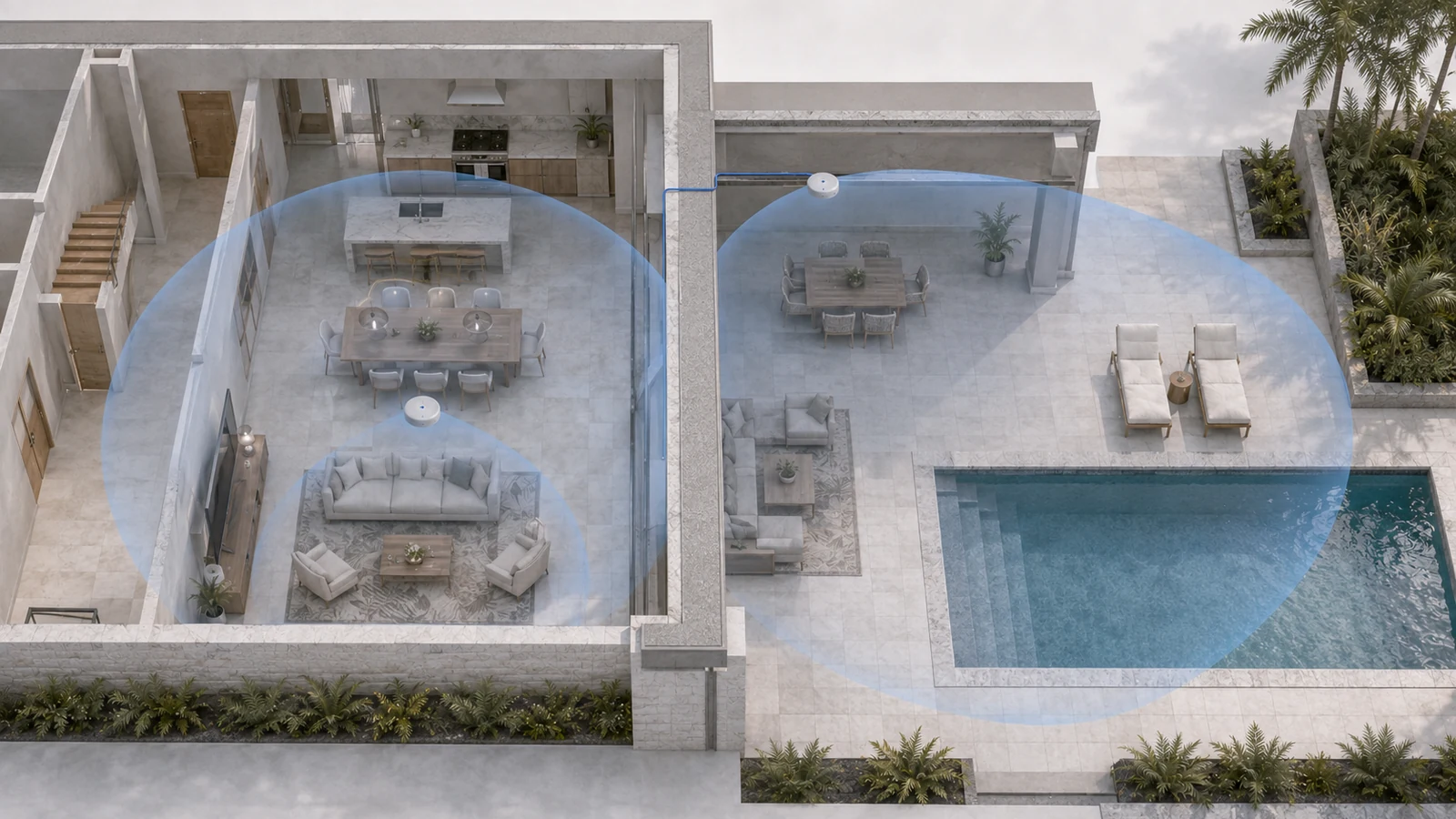 Outdoor Wi-Fi access point serving a patio and pool beyond a concrete exterior wall