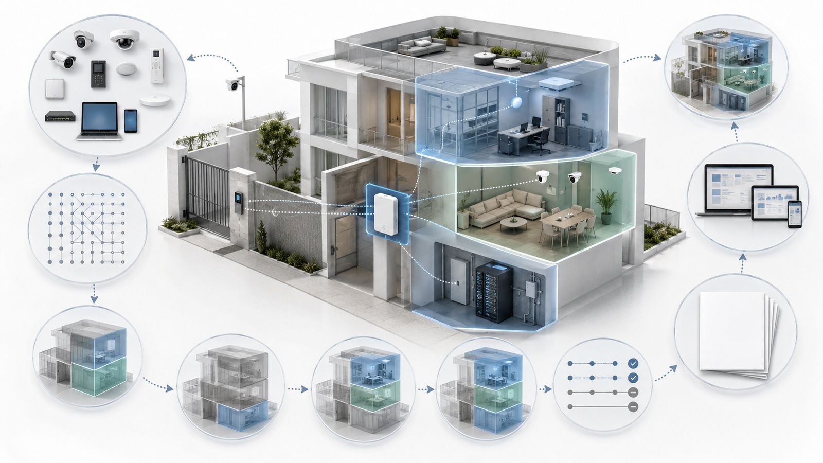 IoT segmentation lifecycle covering inventory, communication mapping, zone design, firewall policy, migration, testing, documentation, and review.