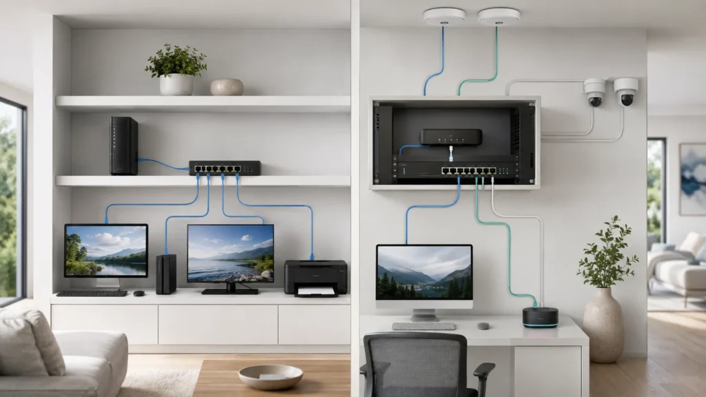 Residential comparison of an unmanaged switch serving basic wired devices and a managed PoE switch supporting access points, cameras, work devices, and smart-home equipment