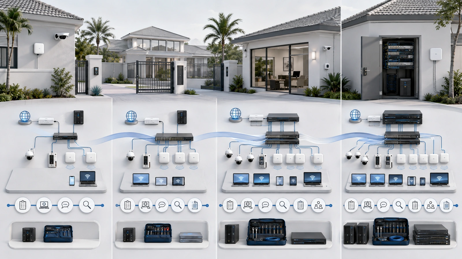 Four residential network change classifications with progressively stronger review, testing, authorization, communication, and rollback preparation