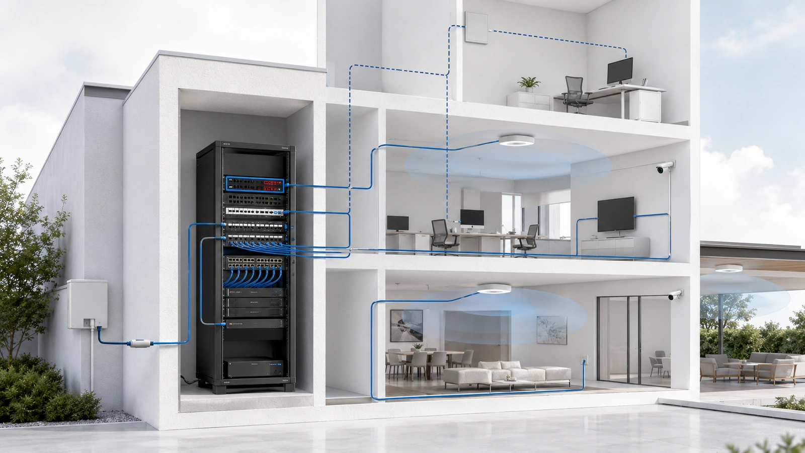 Property network showing the functional roles of the provider handoff, router, firewall, managed switch, access points, and management controller
