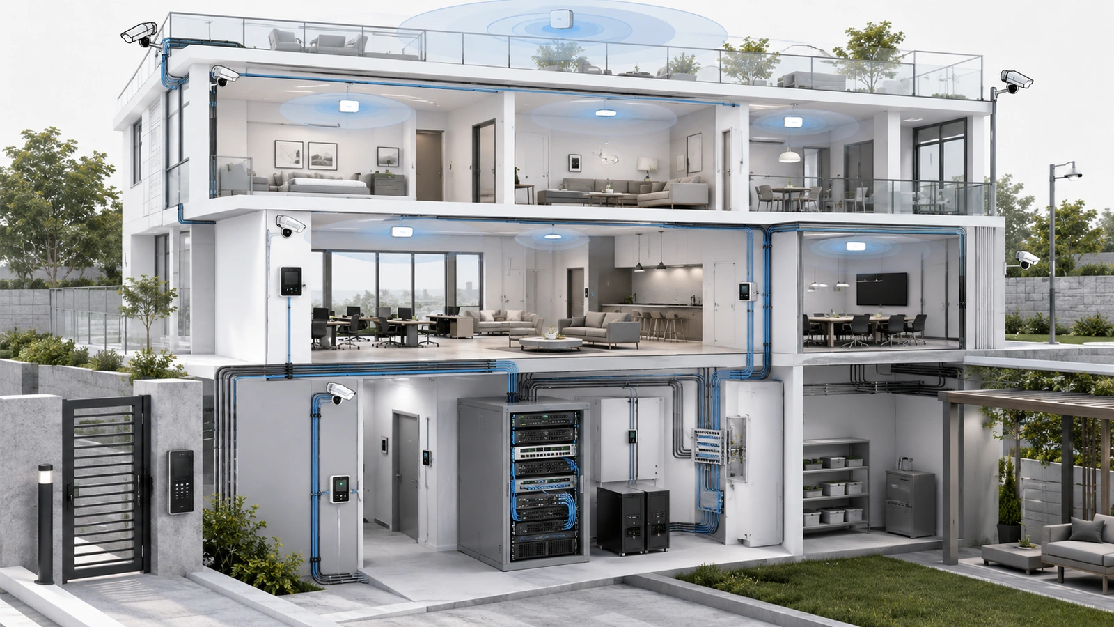 Property network requirements model separating essential operation, measured growth headroom, and optional equipment capabilities