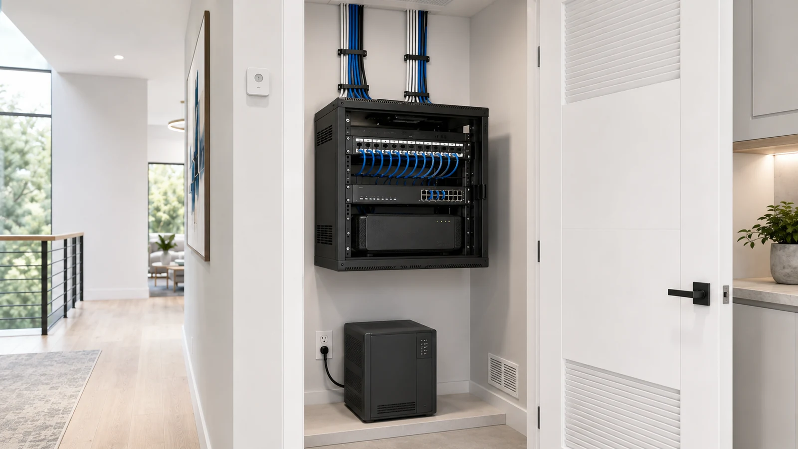 Organized home network closet with patch panel, switch, gateway, service loops, and labeled cabling