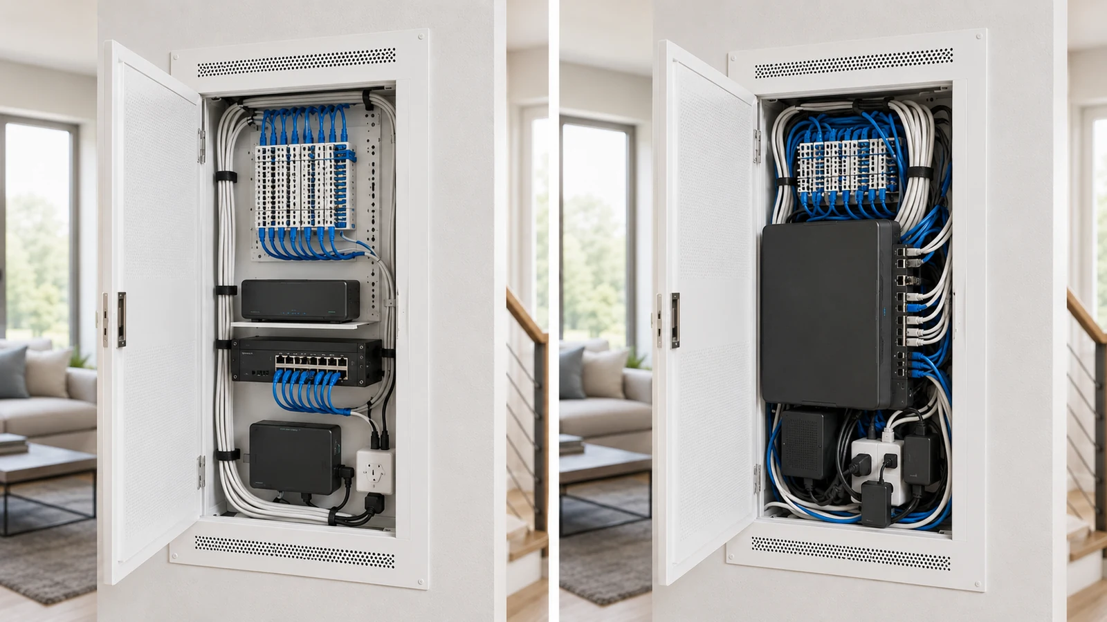 Comparison of an organized structured wiring panel and an overcrowded panel with unsuitable equipment