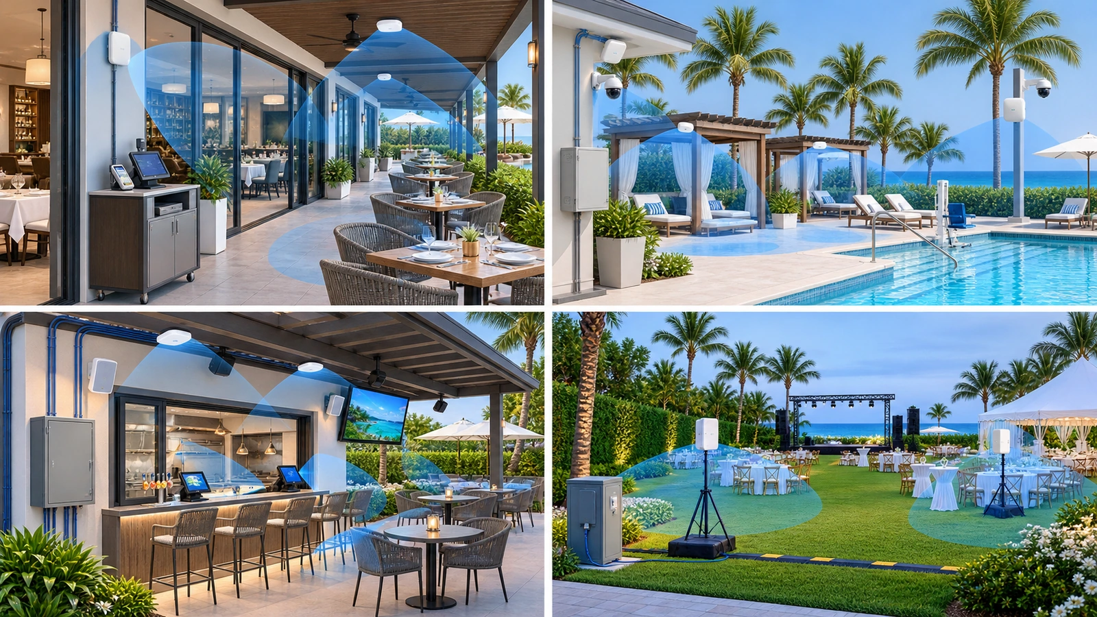 Comparison of outdoor Wi-Fi strategies for a restaurant patio, resort pool, outdoor bar, and event lawn