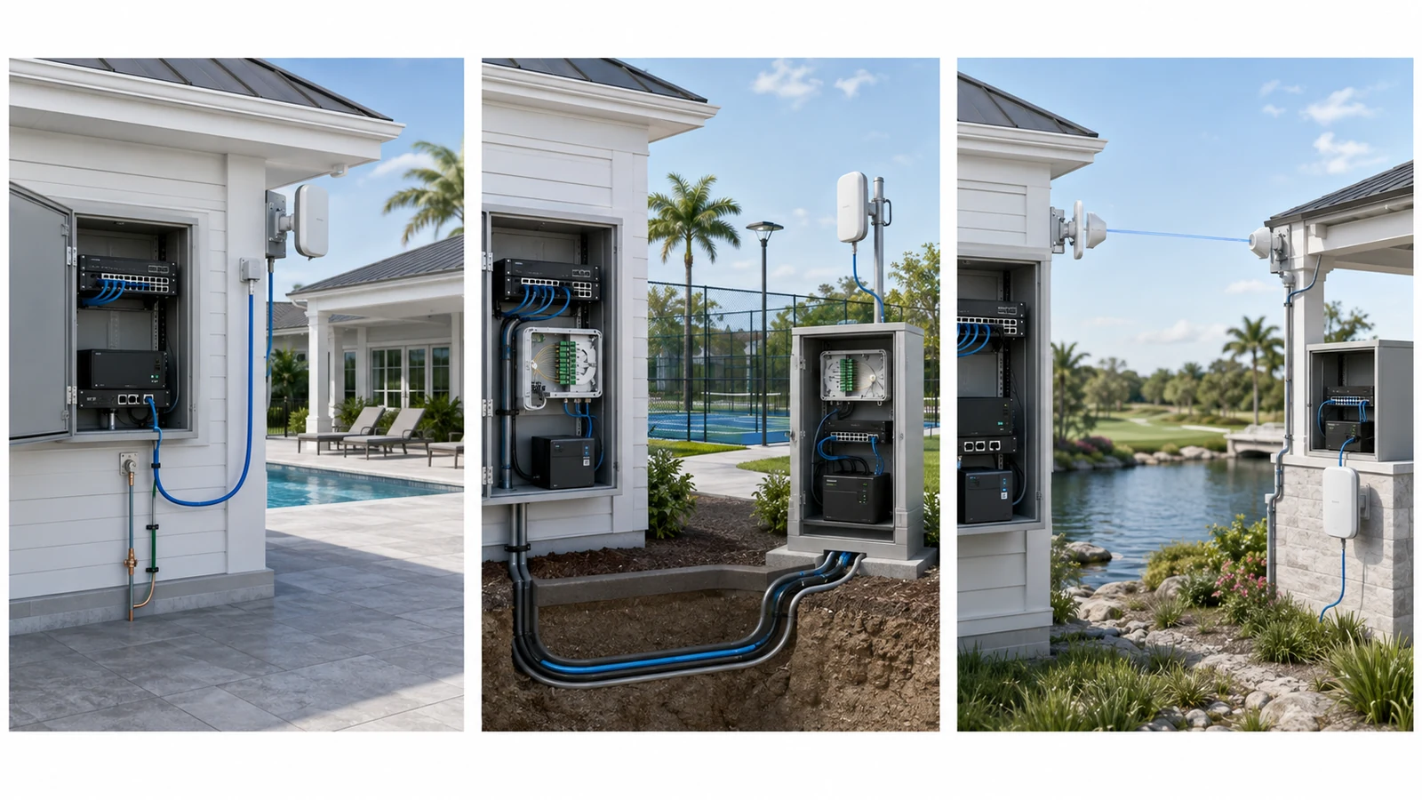 Ethernet, fiber, and point-to-point wireless backhaul options for outdoor community Wi-Fi