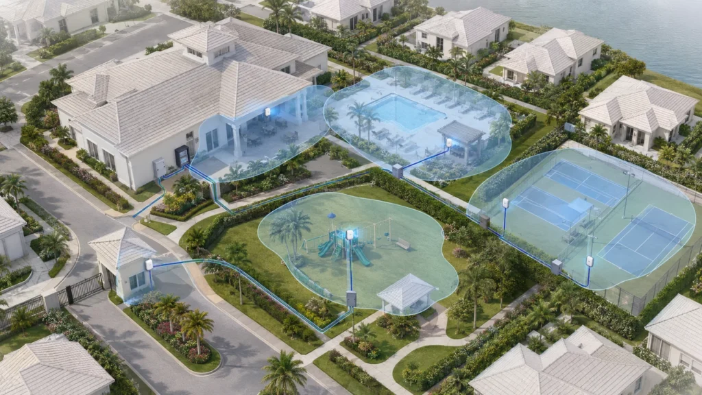 outdoor-wifi-residential-community-plan Residential community outdoor Wi-Fi plan prioritizing the clubhouse patio, pool, sports courts, park, and entrance