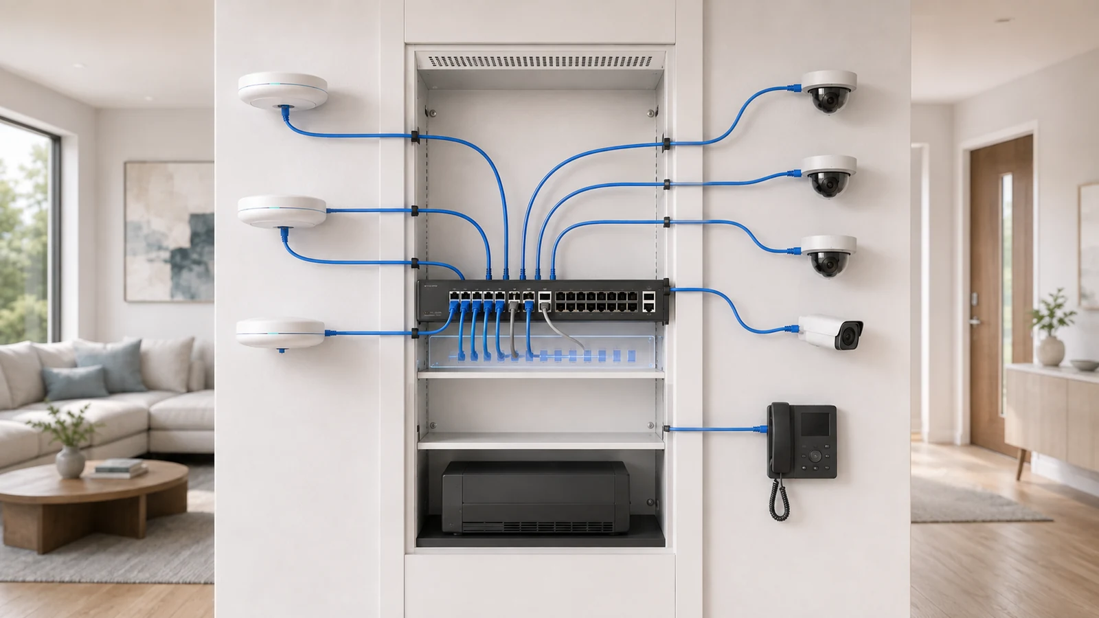 PoE switch power budget shared by access points, cameras, and an intercom with operating headroom