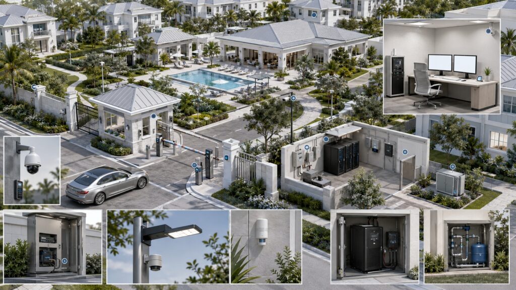 remote-property-monitoring-modern-communities Centralized remote monitoring of gates, networking, surveillance, access control, lighting, power, and environmental conditions across a residential community.