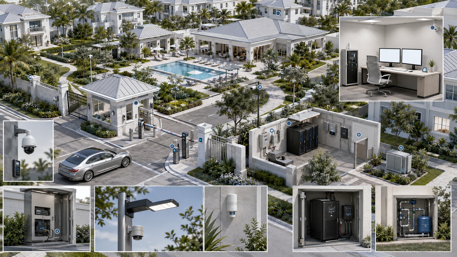 Centralized remote monitoring of gates, networking, surveillance, access control, lighting, power, and environmental conditions across a residential community.