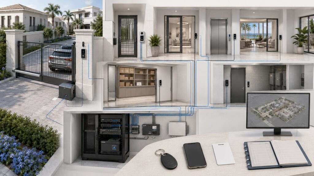 residential-access-control-systems-planning-guide Residential access control system connecting doors, vehicle gates, amenities, elevators, credentials, and centralized management.