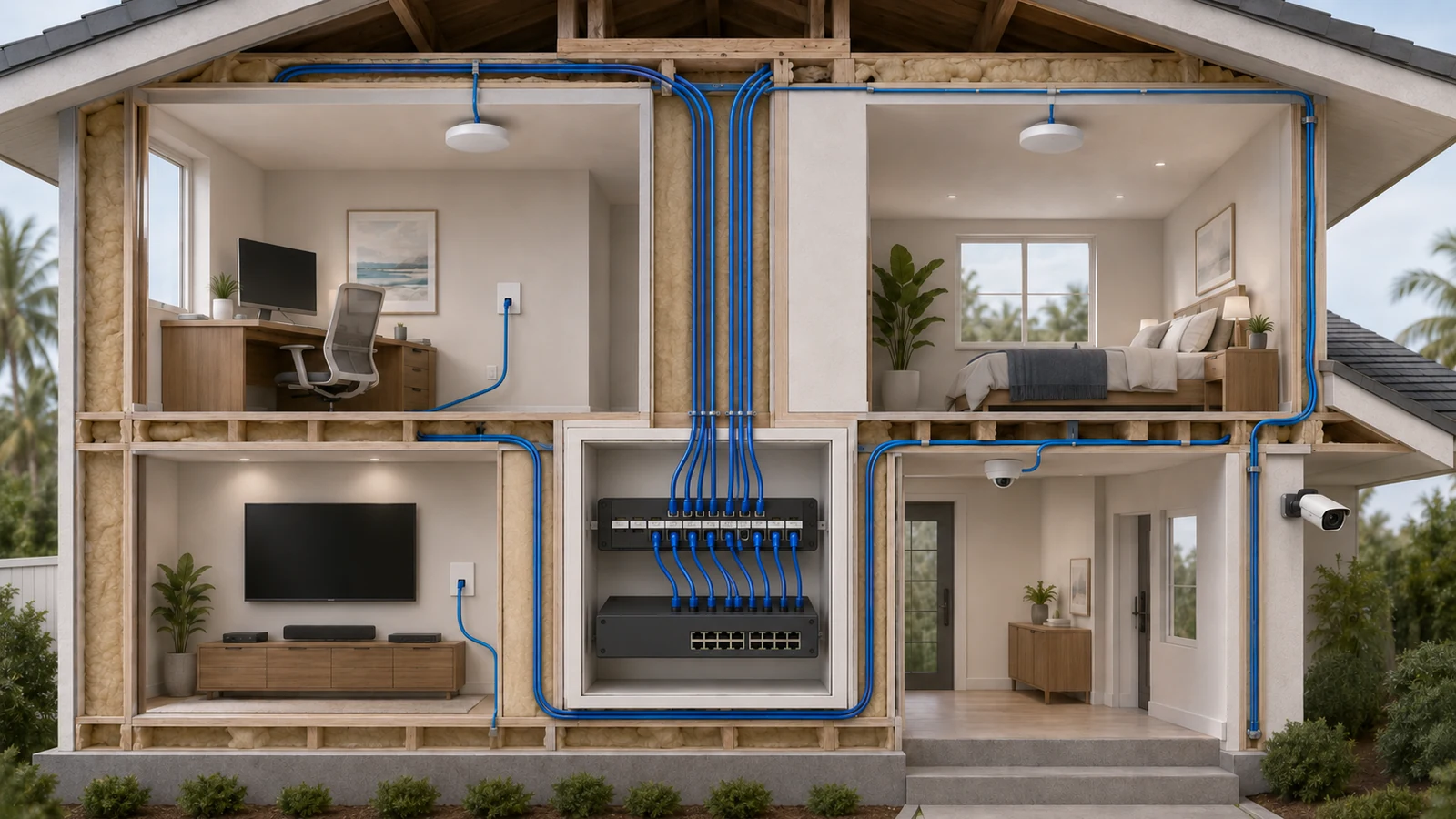 Residential Ethernet home runs terminating on a central patch panel and network switch
