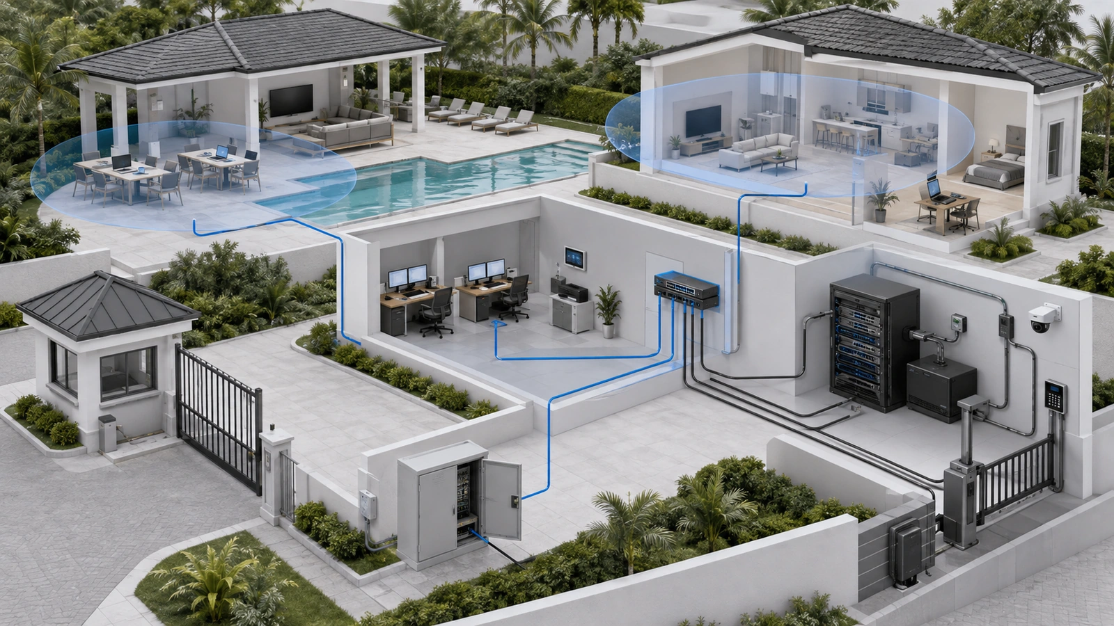 Residential network access zones separating guests, personal devices, staff, administrators, vendors, and critical operational systems