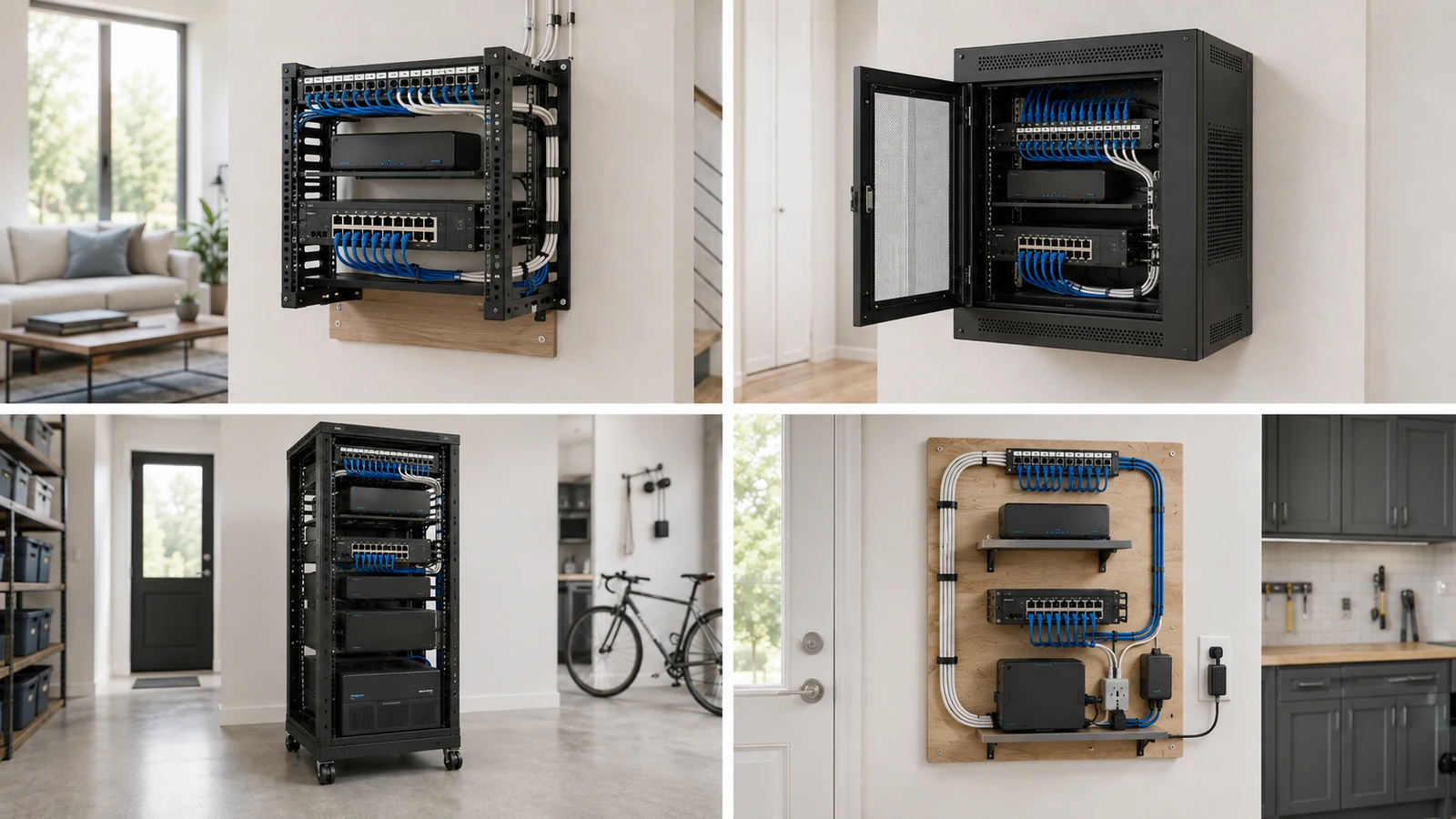 Comparison of open wall racks, enclosed cabinets, floor racks, and network backboards