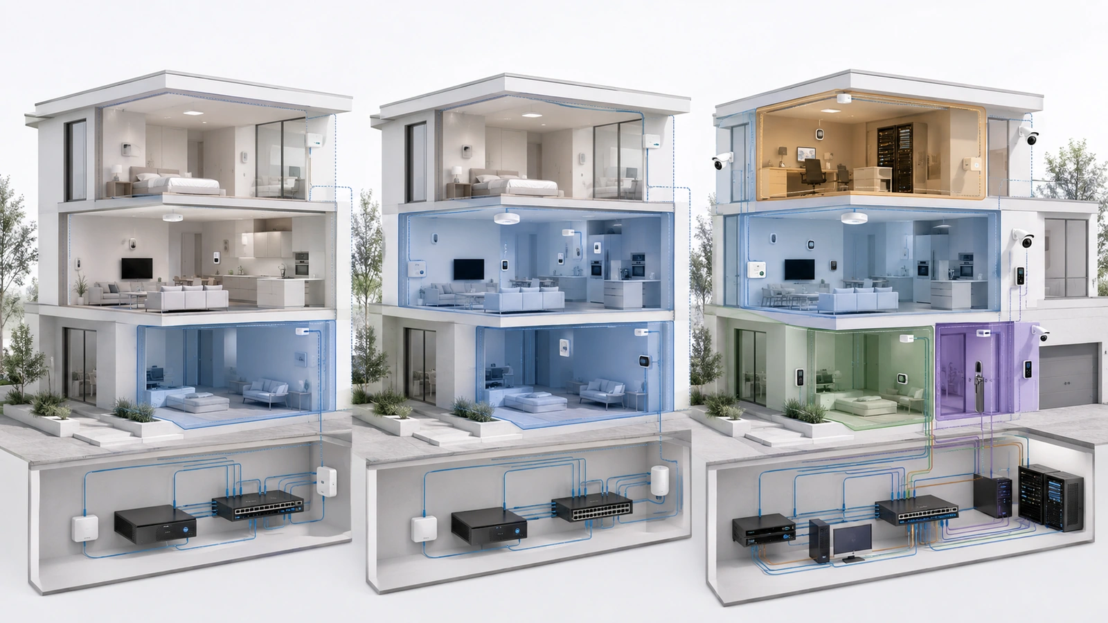 Three proportional residential segmentation templates progressing from private and guest access to dedicated IoT, security, and management zones