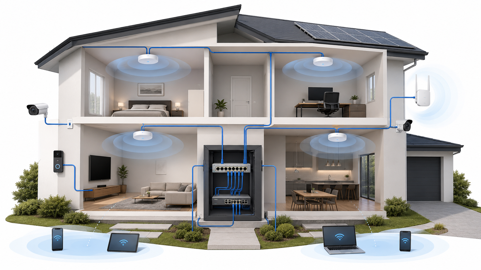 Residential wired network backbone connecting a gateway, PoE switch, access points, cameras, office, and entertainment devices