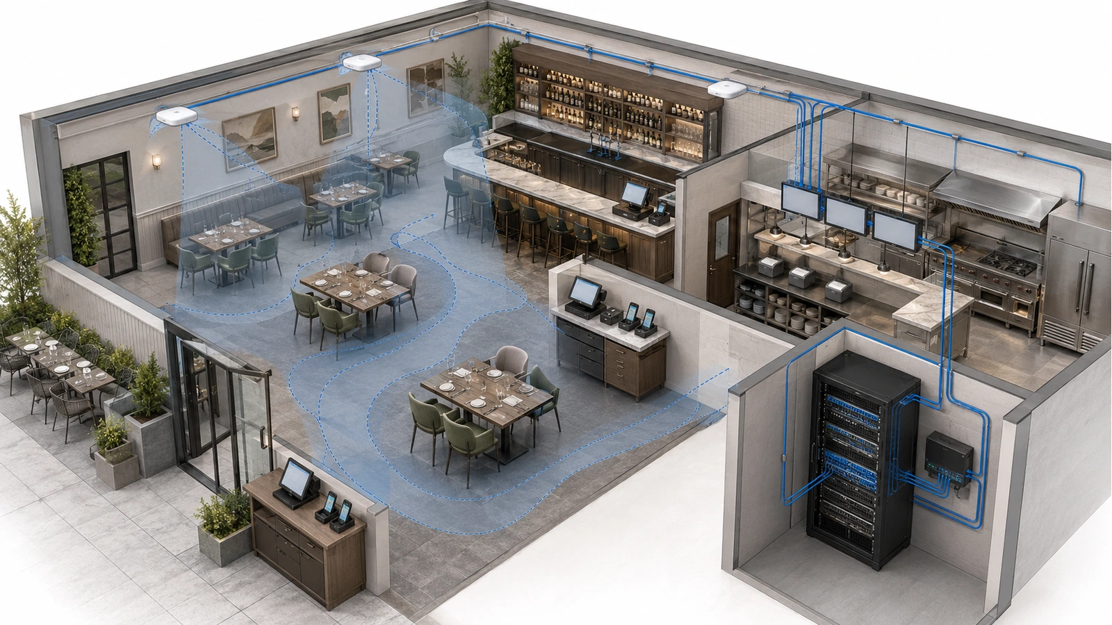 Restaurant POS service path combining wired fixed terminals and coordinated wireless coverage for mobile staff devices