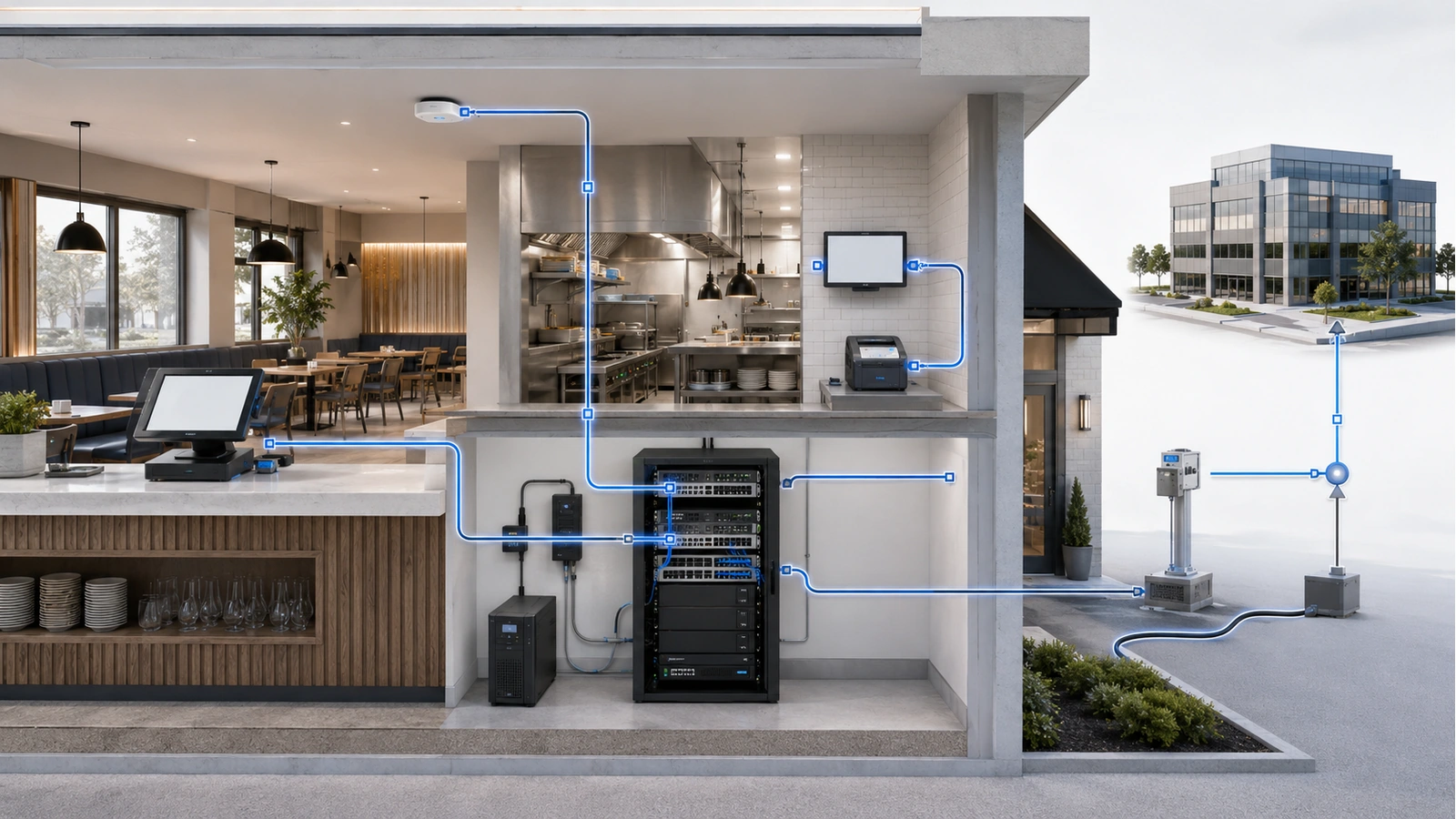 Restaurant transaction path connecting a POS device, local network, protected power, internet services, external platform, and kitchen delivery equipment