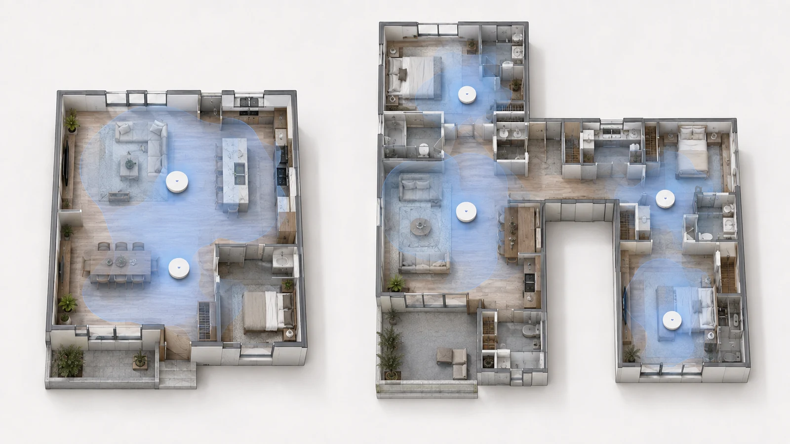 Two similarly sized homes showing an open rectangular layout served by two access points and a divided L-shaped layout served by four access points
