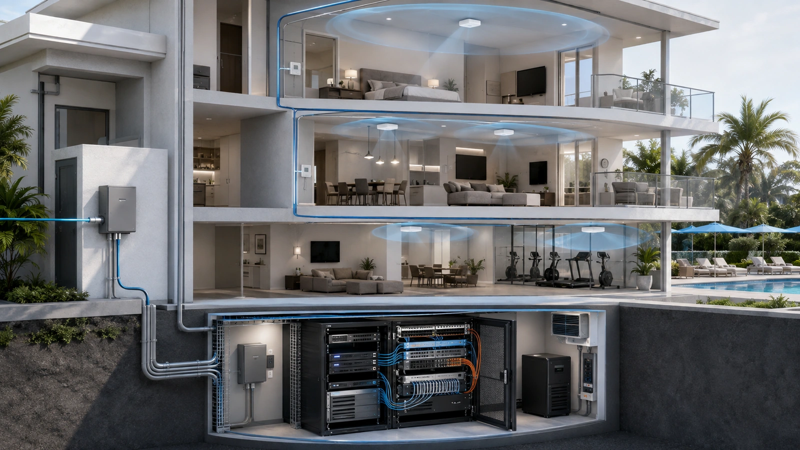 Layered property network connecting the internet edge, security gateway, switching, cabling, wireless access, management, power, and equipment environment