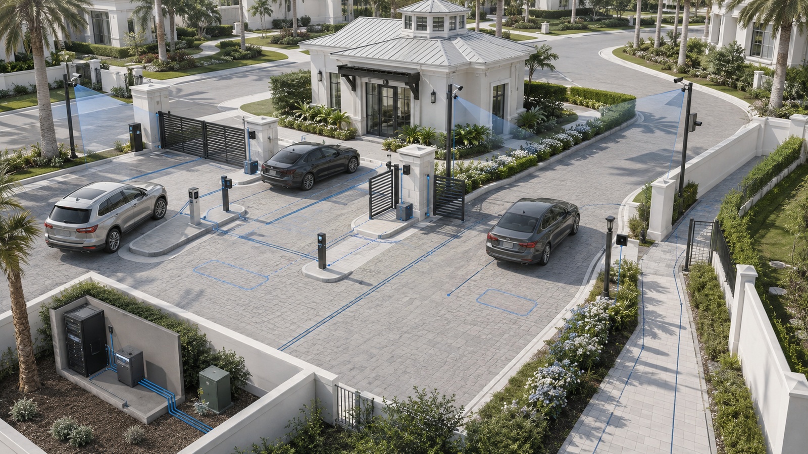 smart-gate-entry-systems-residential-communities Smart residential community entrance integrating gates, access control, visitor management, intercoms, cameras, safety devices, and protected infrastructure.